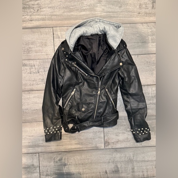 Faux Leather Biker Jacket with studs (with detachable hoodie). Size small. - Picture 8 of 8